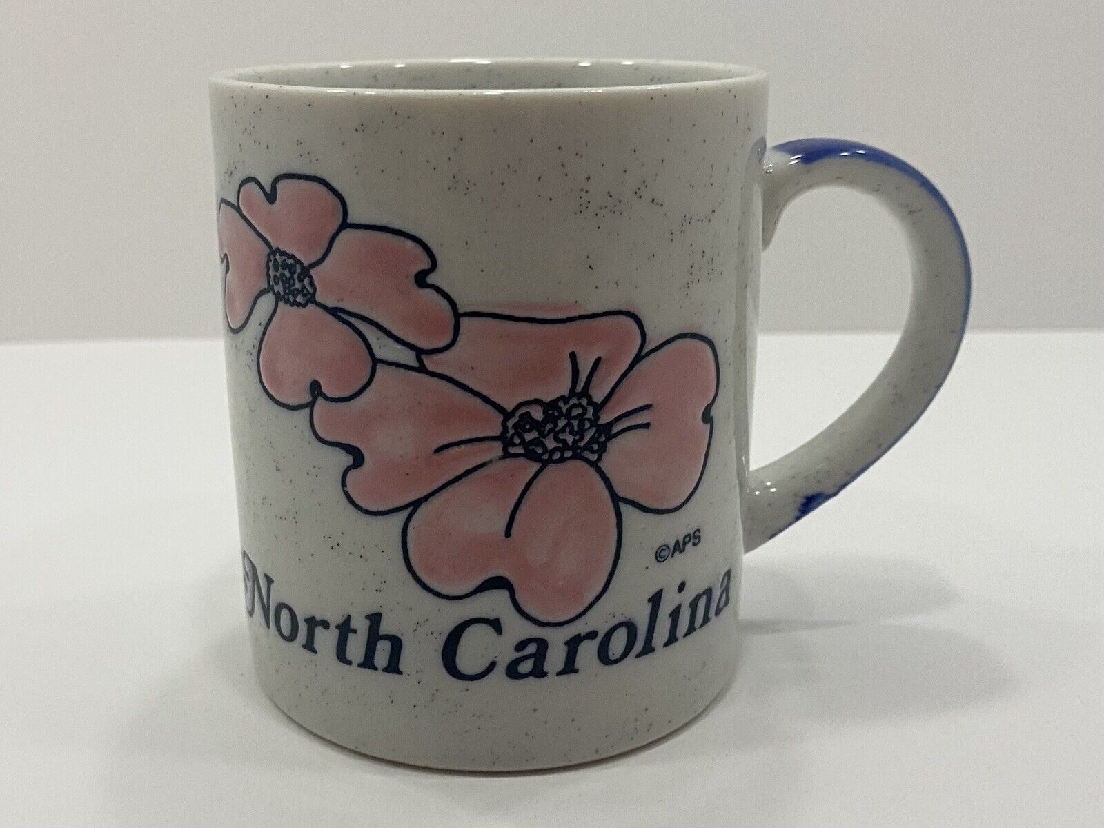 APS North Carolina Speckled Blue Souvenir Coffee Mug State Pink Flower Dogwood