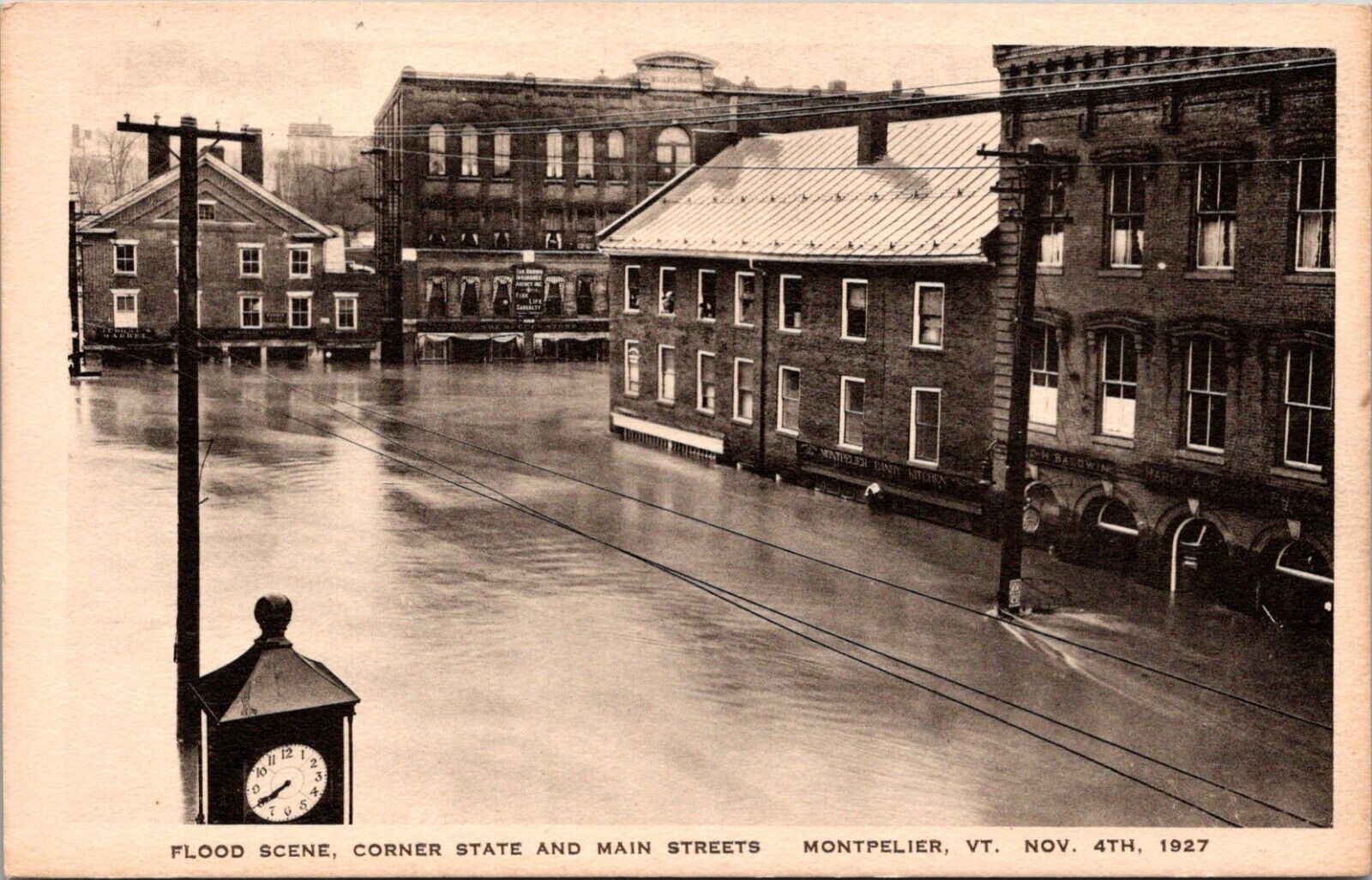 Flood Scene Corner State & Main Streets Montpelier VT Postcard Nov. 4th 1927 
