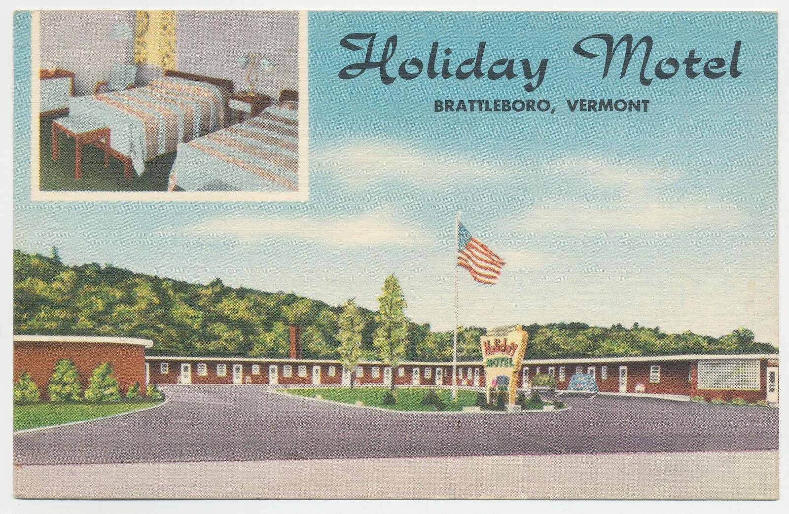 ca 1930-1950 Brattleboro VT Holiday Motel - linen - interior and exterior views