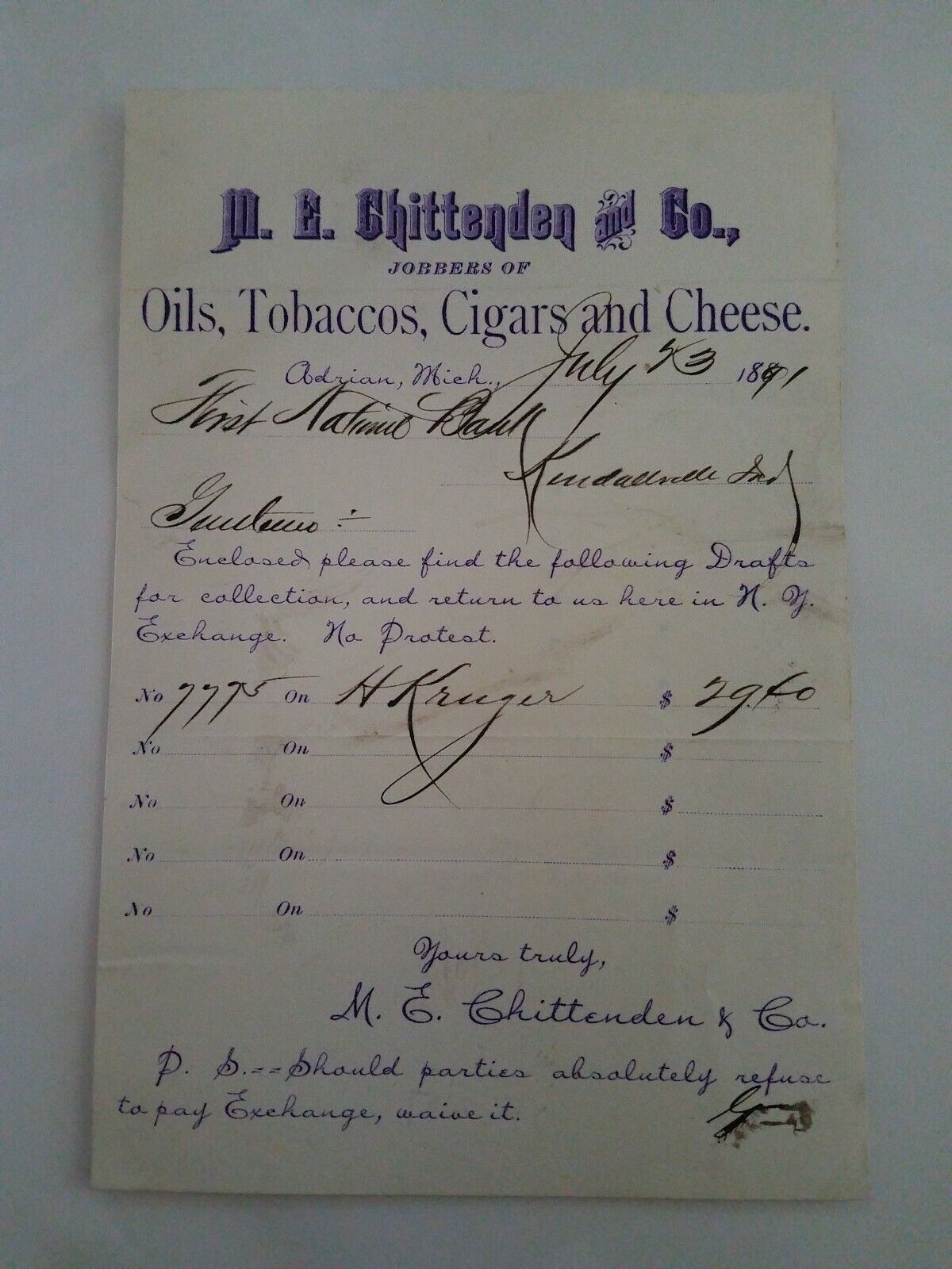 M E Chittenden Oils Tobacco Cigars Cheese Receipt Invoice Adrian MI 1891 Rare 