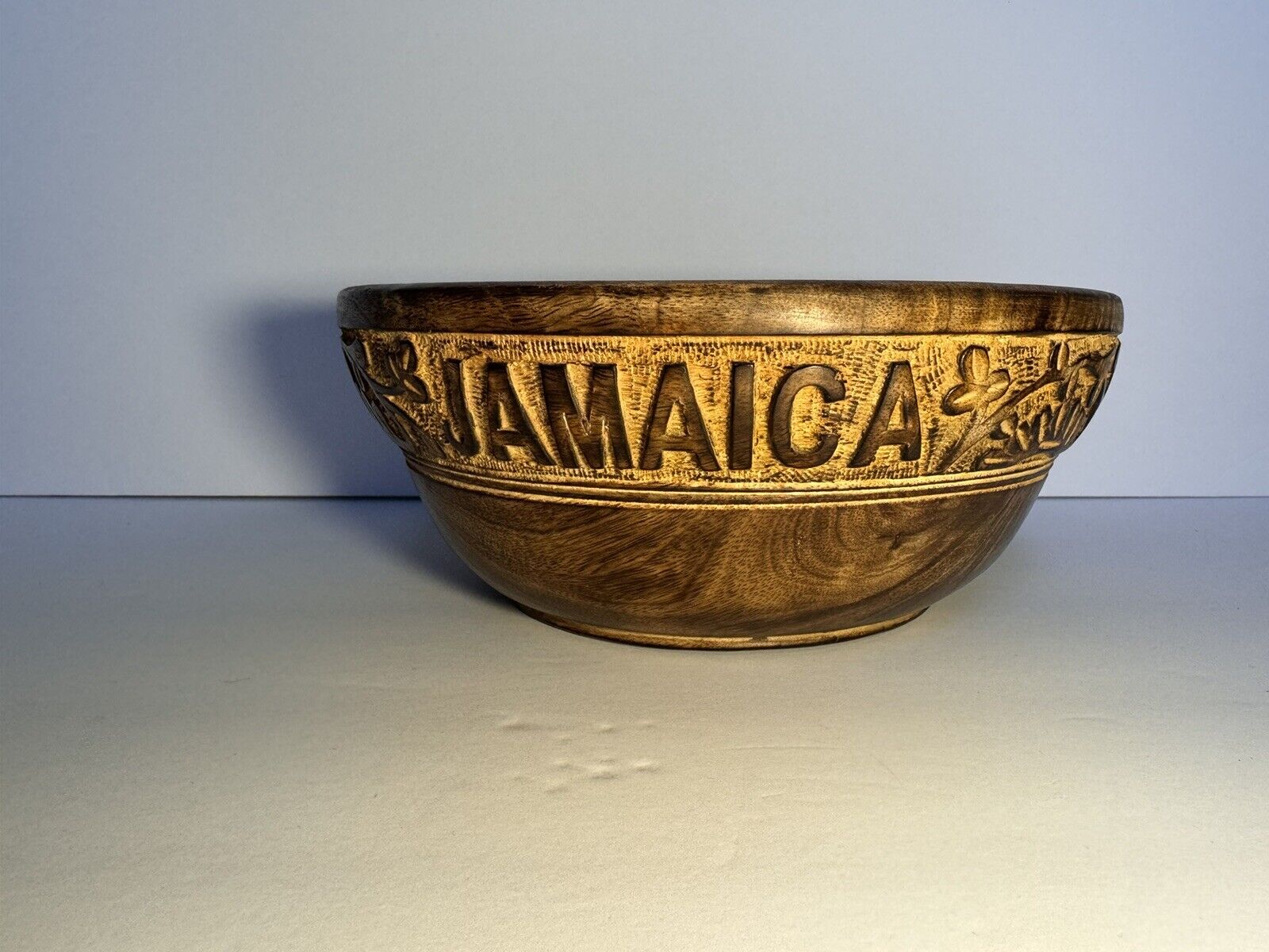 Large Hand Carved Flowered & leaves  Wooden Bowl Jamaica.