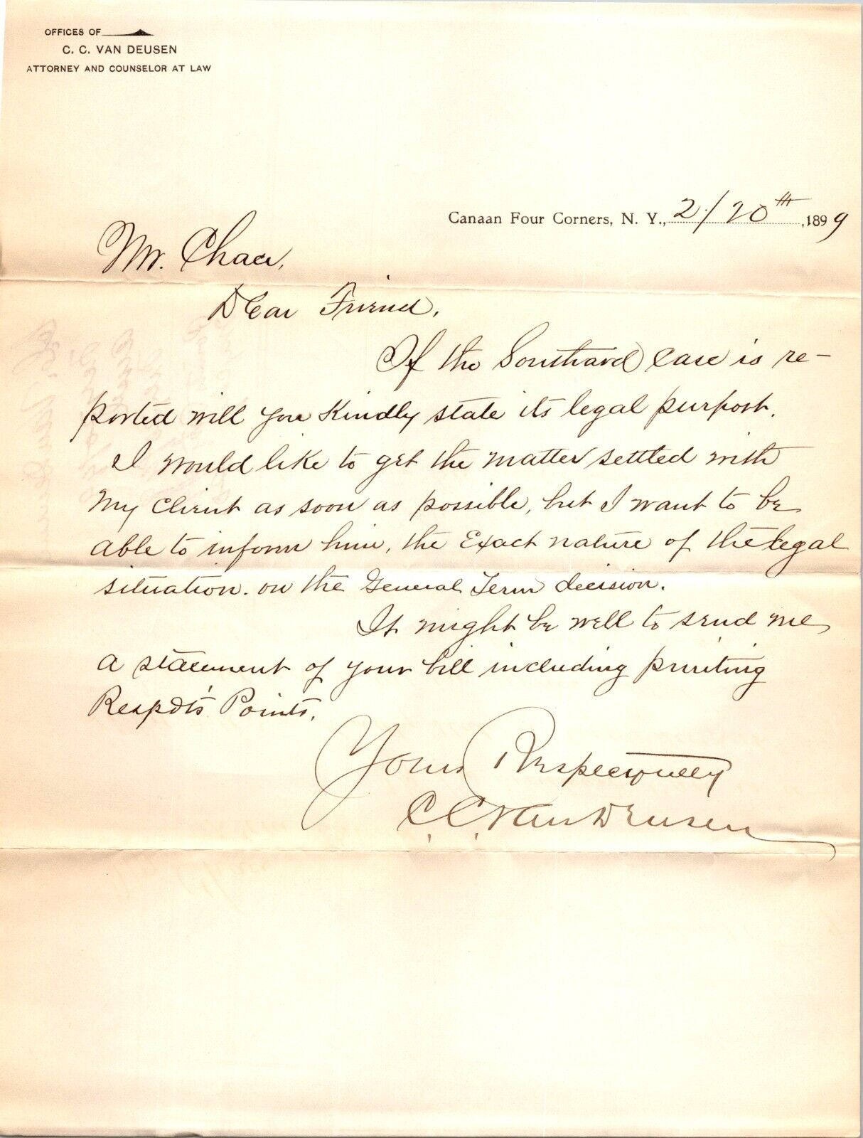 CC Van Deusen Canaan Four Corners NY 1899 Letterhead Attorney Lawyer