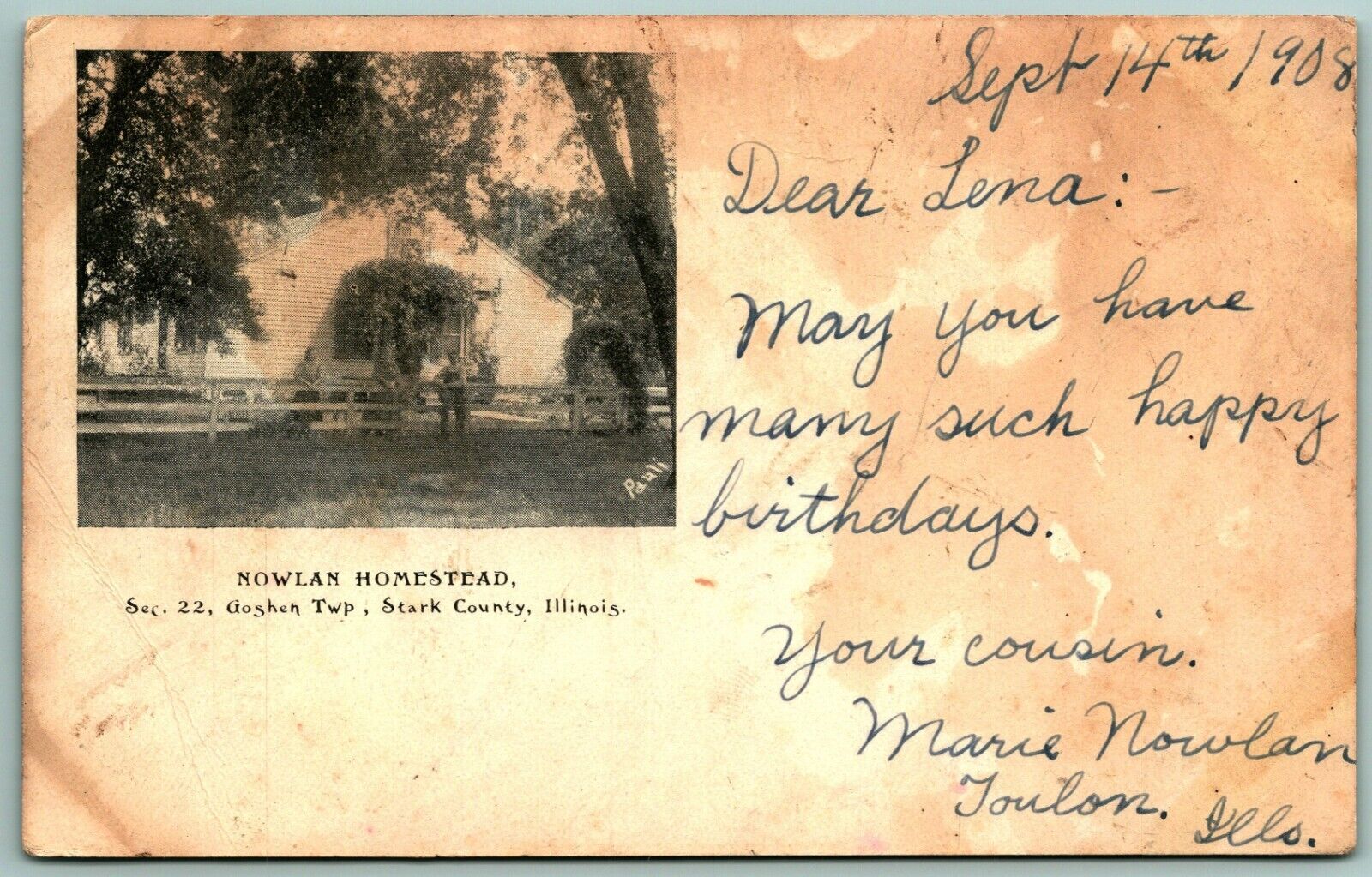 Nowlan Homestead Goshen Township Stark County Illinois IL 1908 UDB Postcard F15