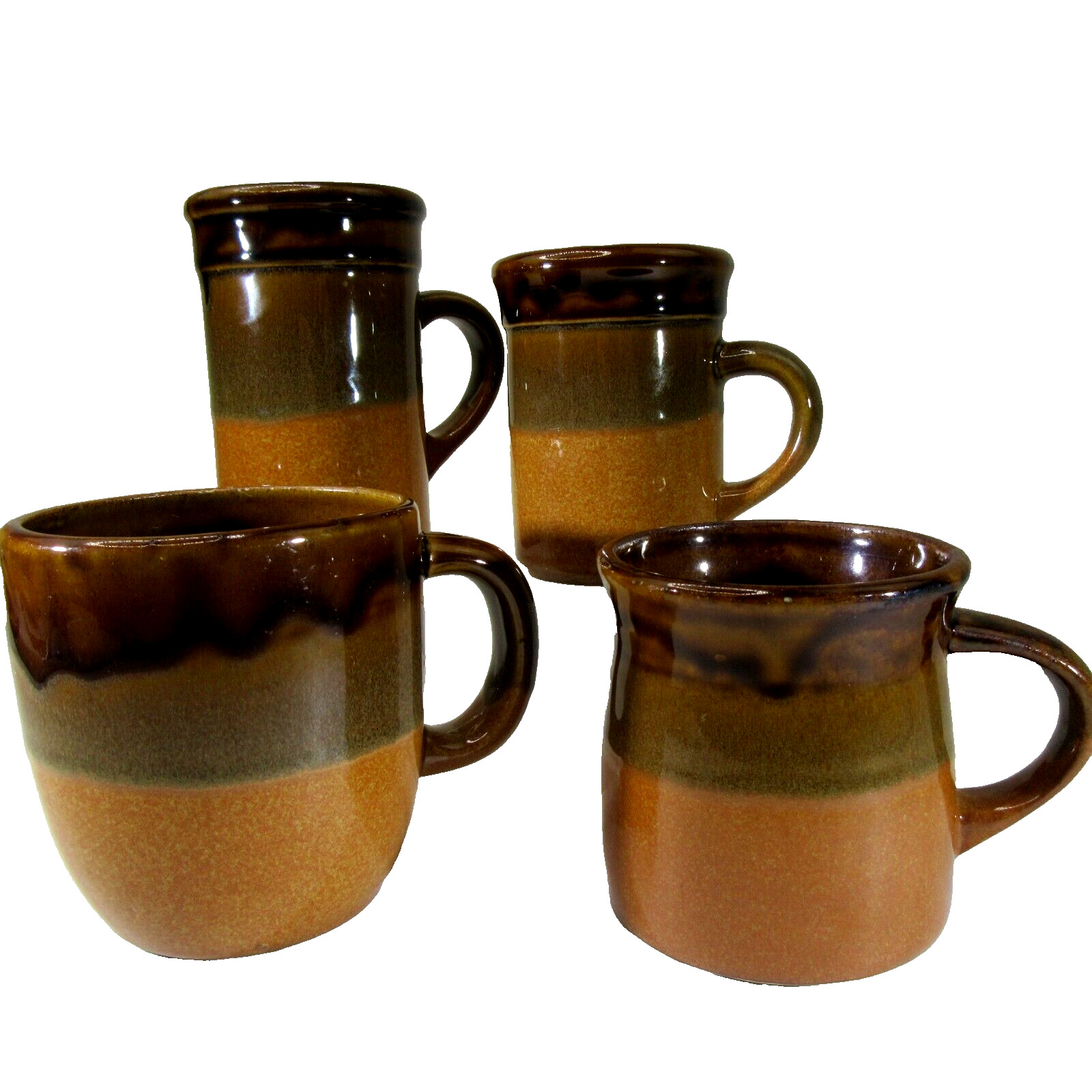 4 BERKSHIRE Stoneware Pottery MUGS brown orange drip glaze vintage 70's England