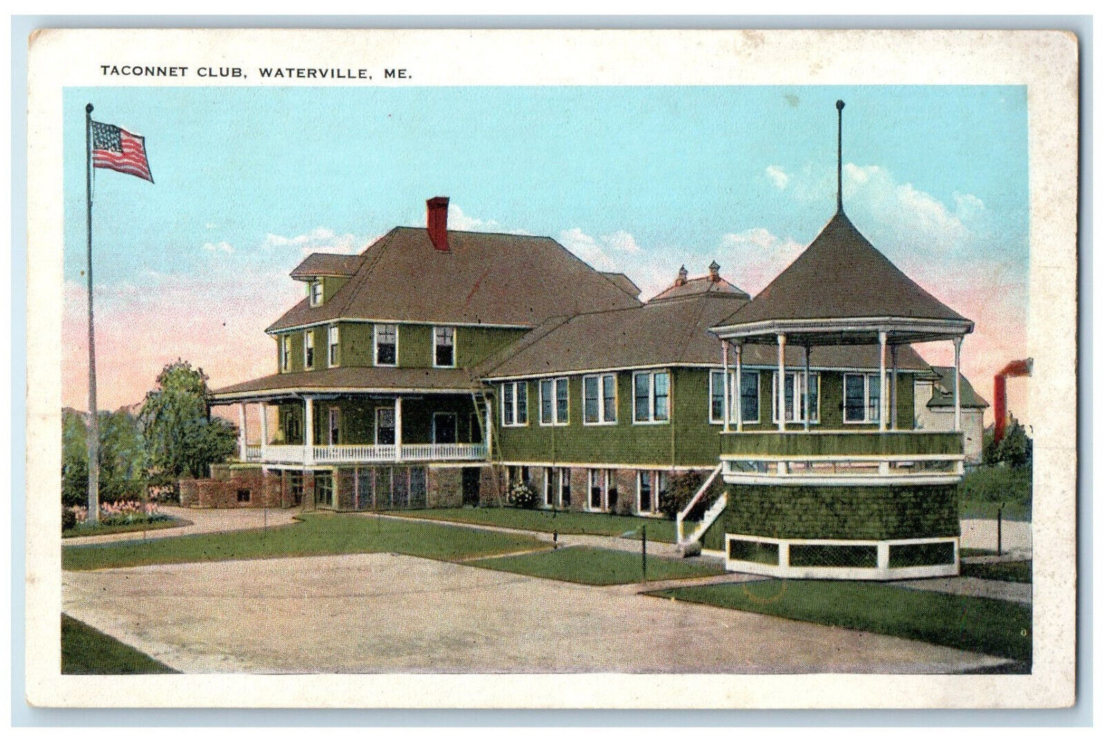 c1920's Taconnet Club Waterville Maine ME US Flag Unposted Antique Postcard