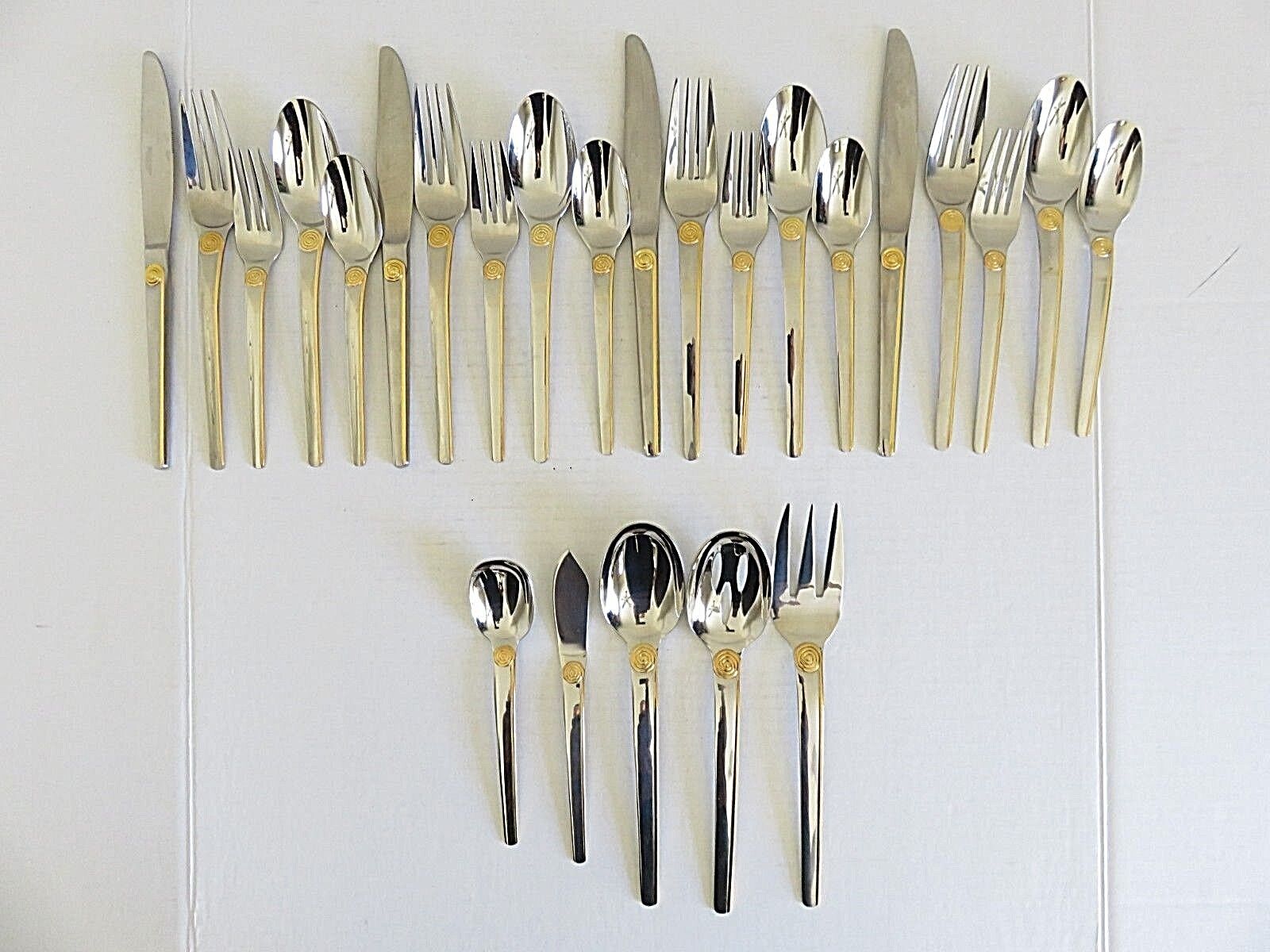 Cambridge 18/8 Stainless Flatware + Serving Pieces Gold Swirl Service for 4 New 