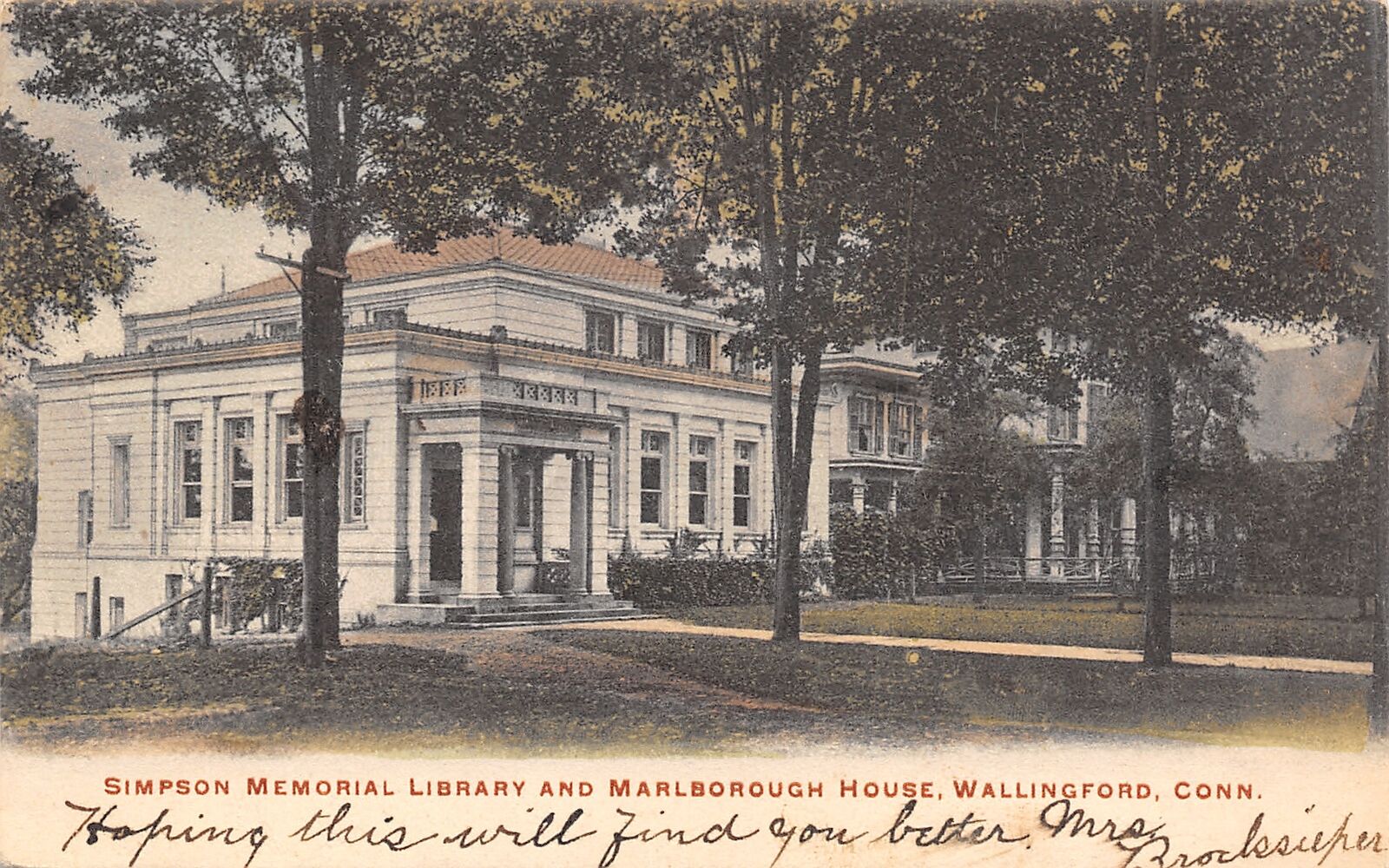 Wallingford Connecticut~Marlborough House~Simpson Memorial Library~1906 Postcard