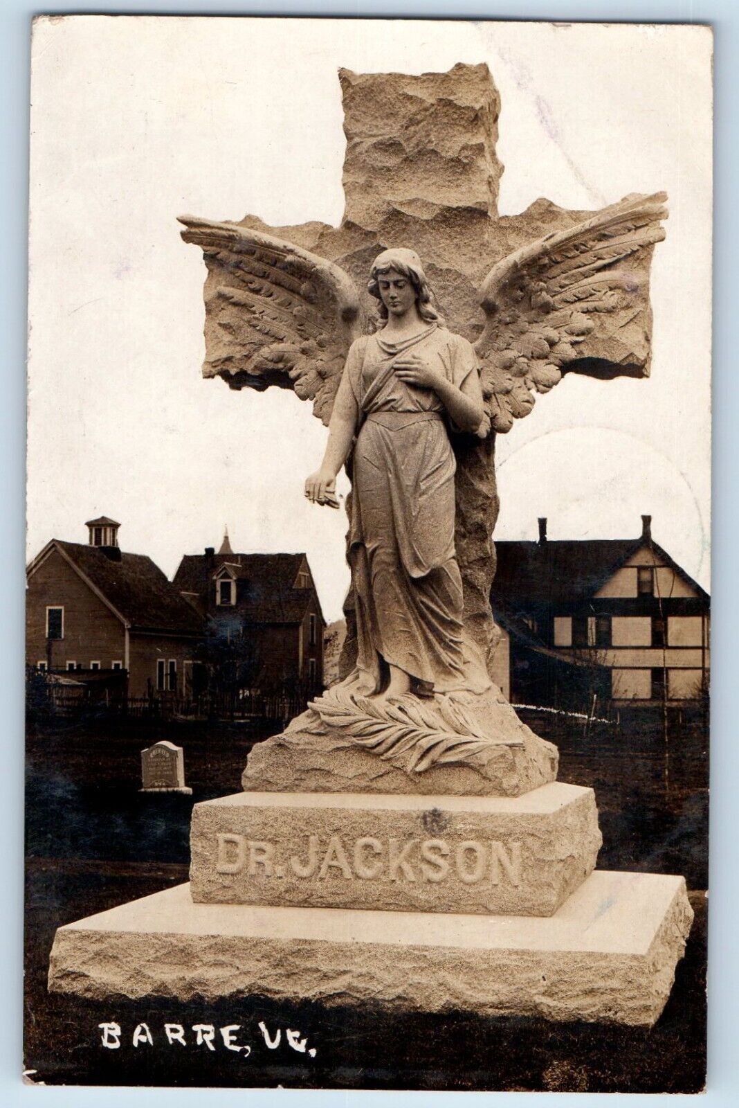 Barre VT Postcard RPPC Photo Decoration Day Cemetery Dr. Jackson Tombstone Angel
