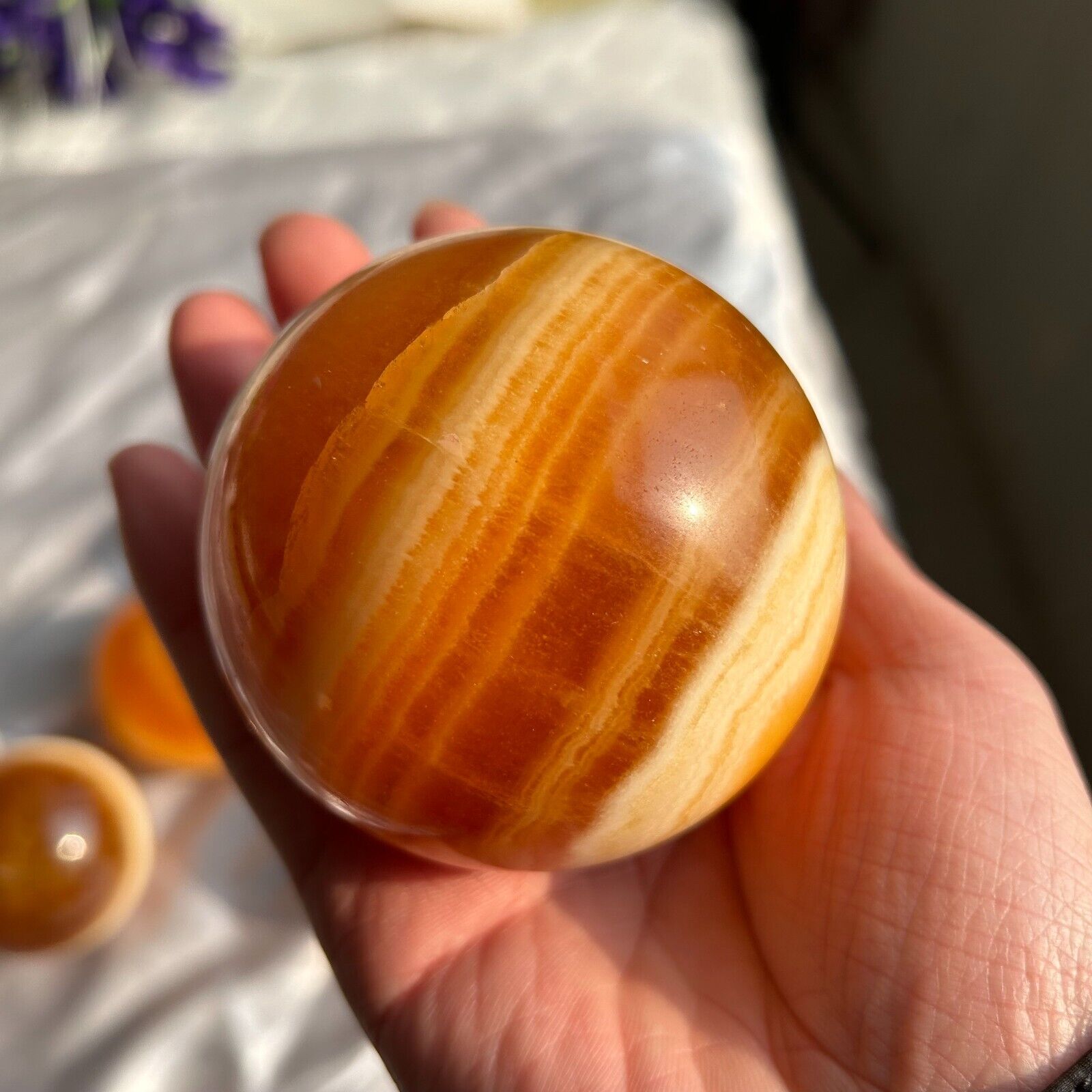 Banded Orange Yellow Calcite Crystal Sphere Home Display healing stone