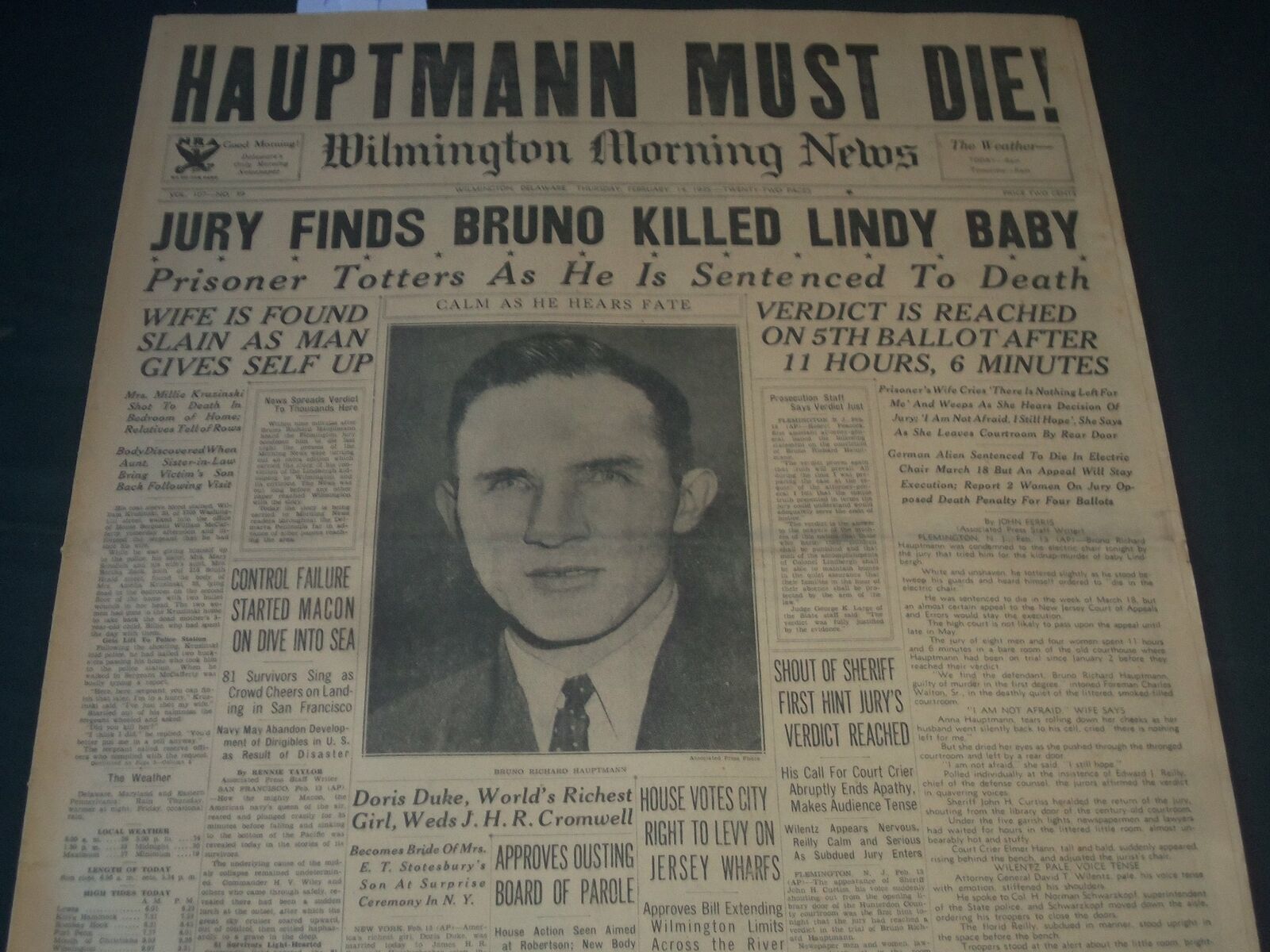 1935 FEBRUARY 14 WILMINGTON NEWS NEWSPAPER - HAUPTMANN MUST DIE - NT 7291