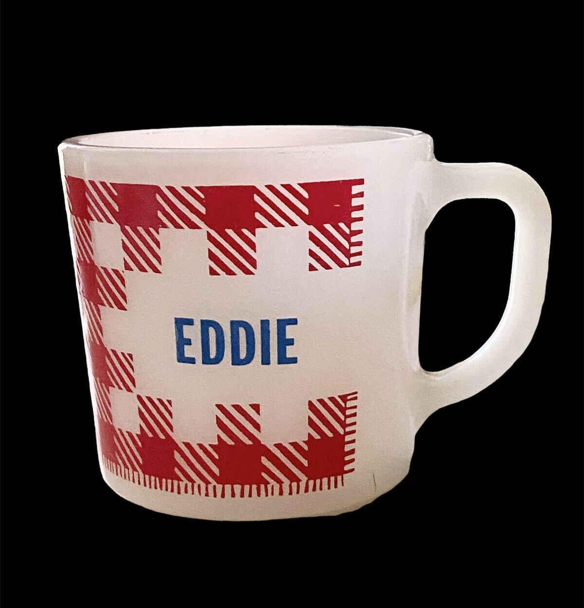 Hey Eddie I Found Your Vintage Westfield Milk Glass Coffee Cup Mug Gingham Red 