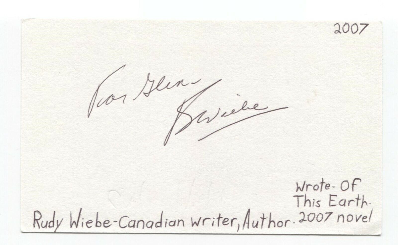 Rudy Wiebe Signed 3x5 Index Card Autographed Signature Author Writer