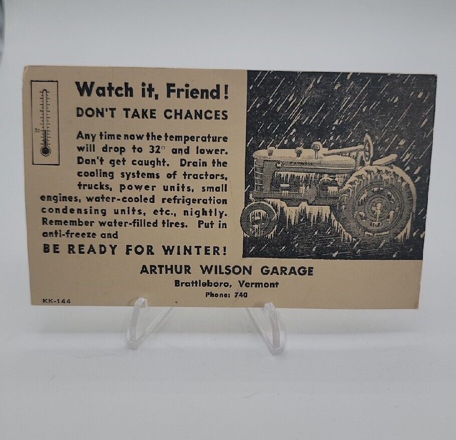 1935 Brattleboro VT Postcard Arthur H Wilson Garage Goverment Postal Tractor Ad