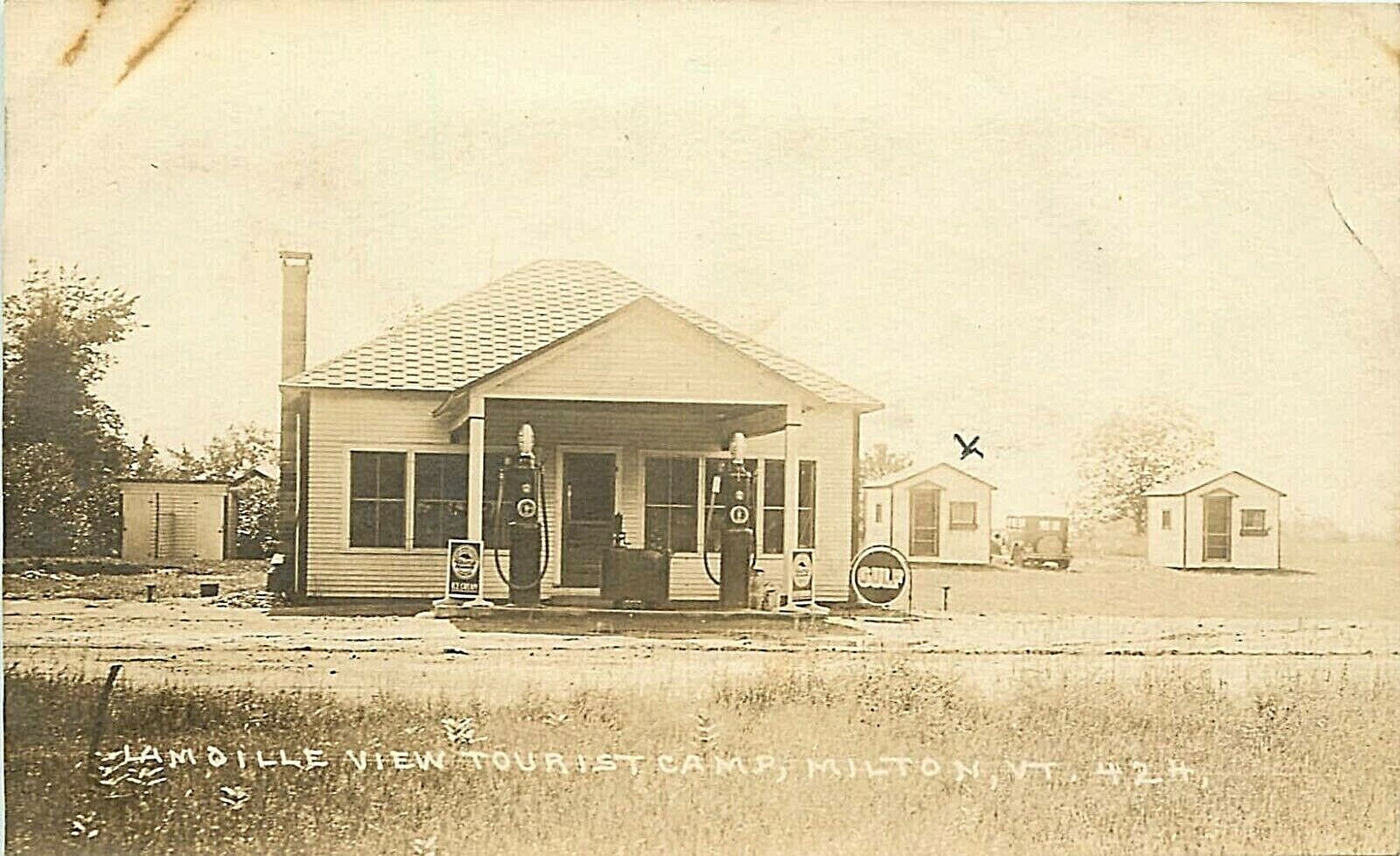 1920s RPPC Lamoille View Tourist Camp, Gulf Gas Station, Milton VT Chittenden Co