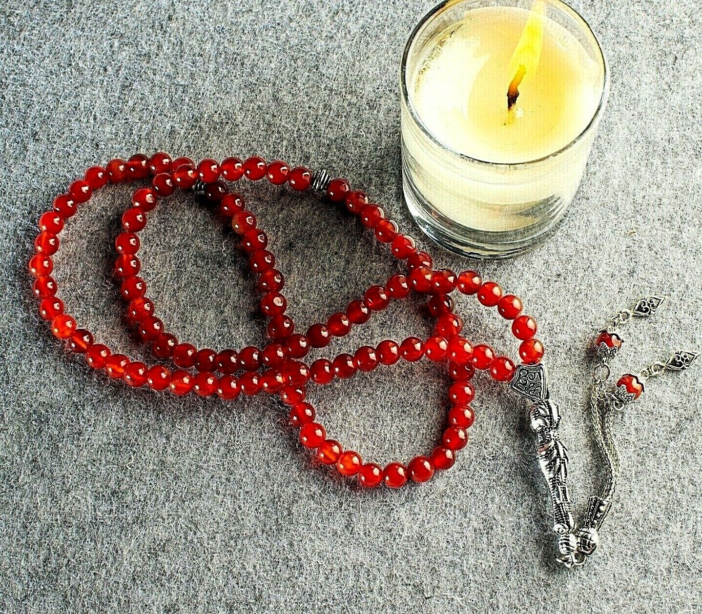 Red Agate Aqeeq Islamic Prayer 99 beads, Tasbih, Misbaha, Tasbeeh, Sibha 6mm