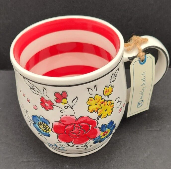 Anthropologie Molly Hatch Flower Patch Mug Red Stripes Hand Painted 