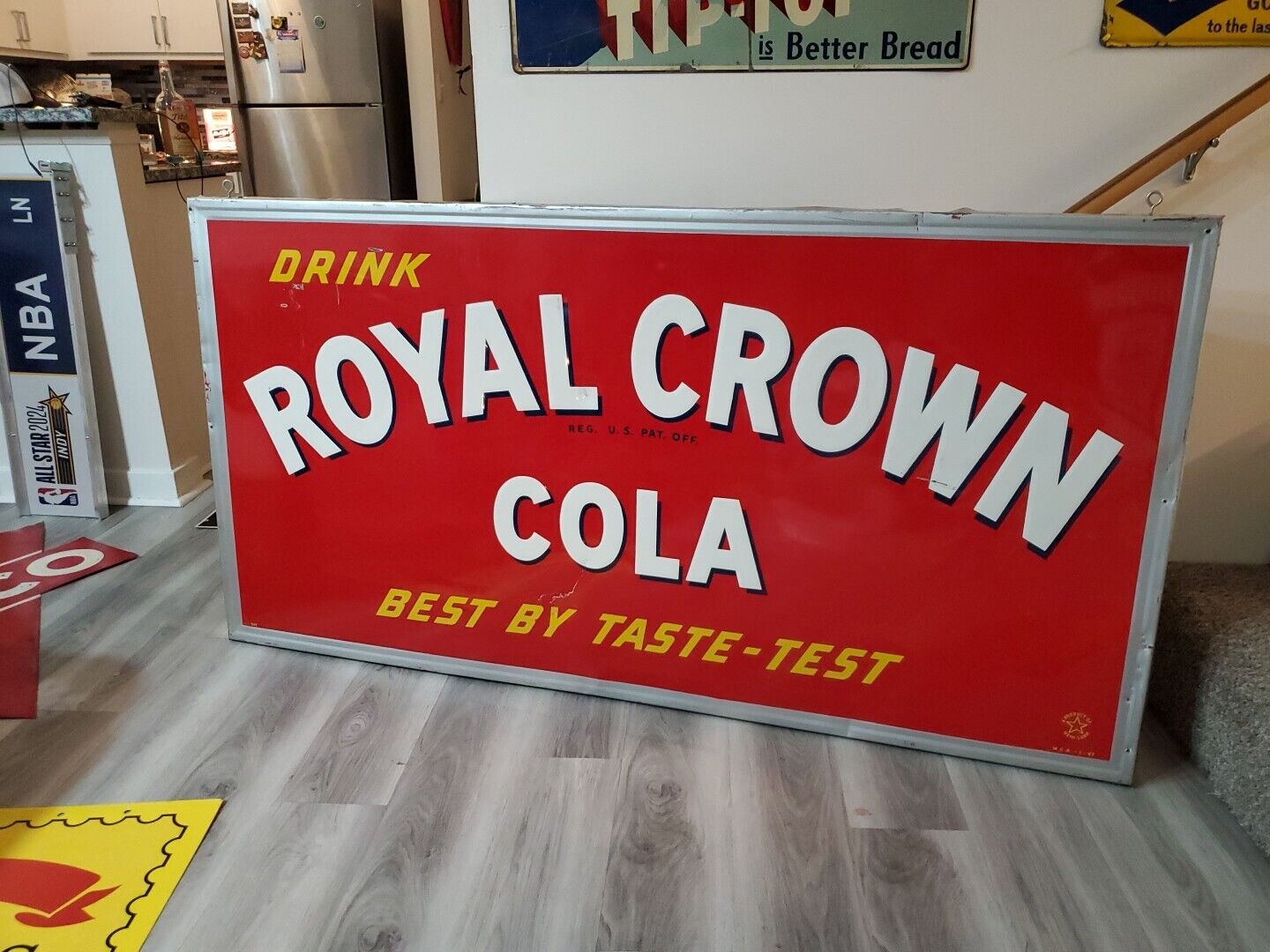 c.1947 Original Vintage Drink Royal Crown Cola Sign Metal Embossed Nehi RC CLEAN