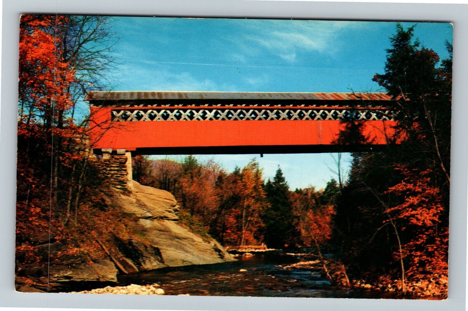 East Arlington Vermont, Colorful Old Covered Chiselville Bridge Vintage Postcard