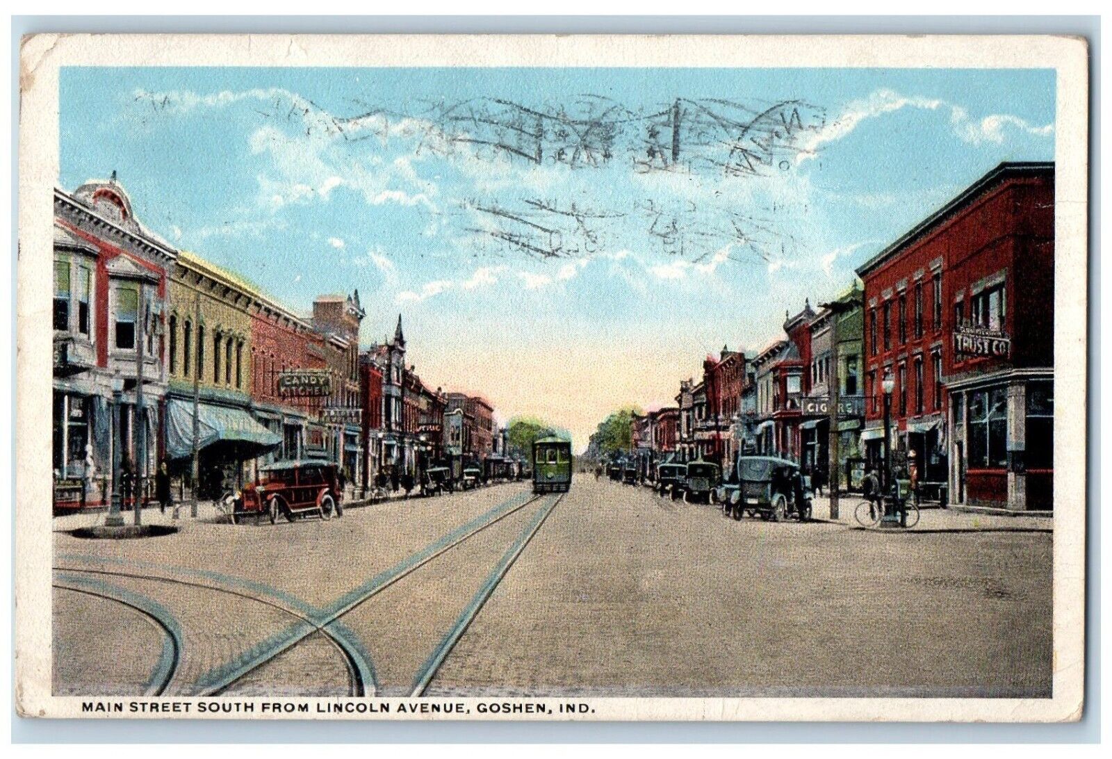 Goshen Indiana IN Postcard Main Street South From Lincoln Avenue Trolley Stores