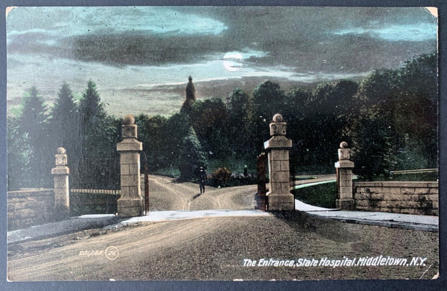 Postcard Middletown NY - State Hospital Entrance Gate Moonlit Night