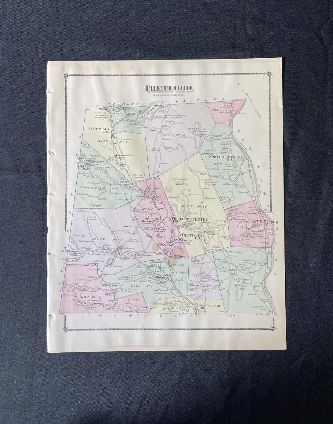 1877 Antique Map of Thetford Vermont Color Map VT by FW Beers ORIGINAL