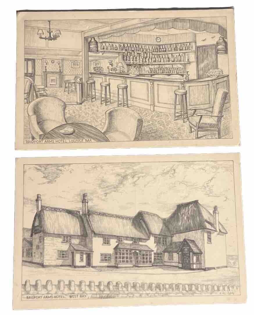 c1950 Postcard Bridport Arms West Bay  And Hotel Lounge Bar  Sketch