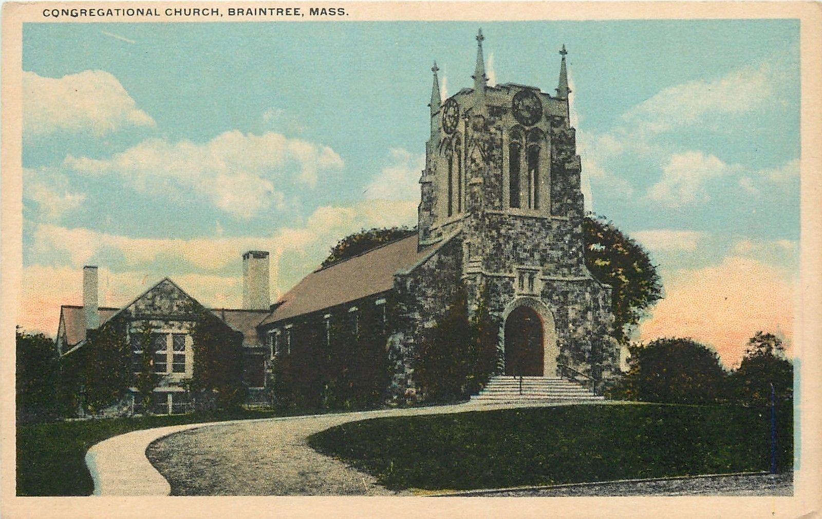 Braintree Massachusetts~Congregational Church of Stone, Ivy-Splotched~c1920 pc