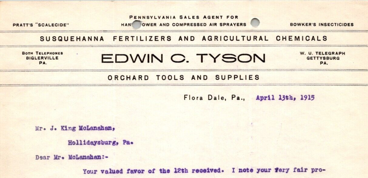 1915 EDWIN C TYSON ORCHARD TOOL SUPPLIES SUSQUEHANA FERTILIZERS FLORA DALE PA