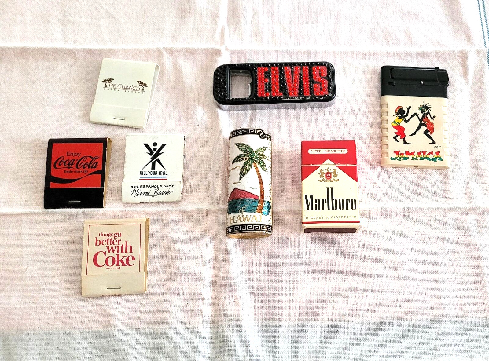 Lot of 8 Vintage Lighters and Matchbooks Coke Marlboro Elvis Hawaii Jamaica