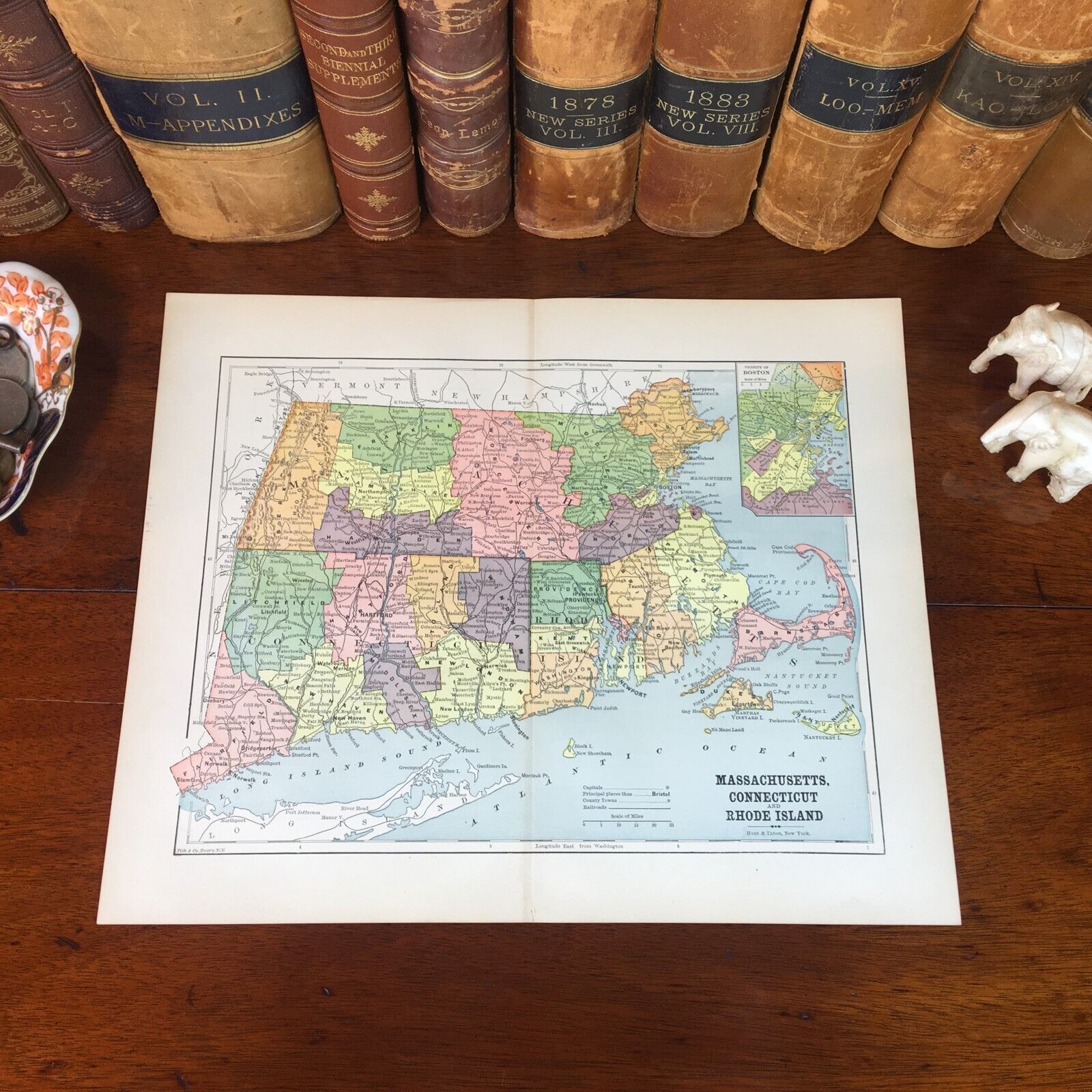 Original 1890 Antique Map MASSACHUSETTS CONNECTICUT RHODE ISLAND Boston Hartford